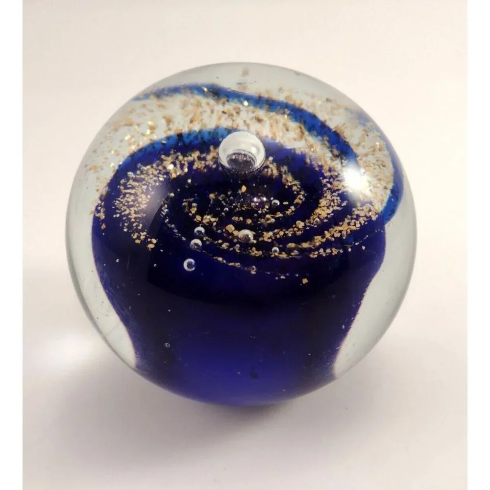 West Elm Blue Gold Large Galaxy Crystal Glass Paperweight Space Universe Retired